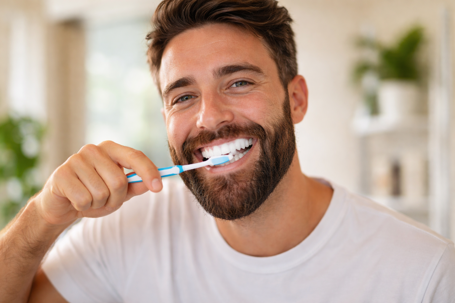 A smiling man with a beard brushing his teeth with a blue and white toothbrush in a bright, home setting.