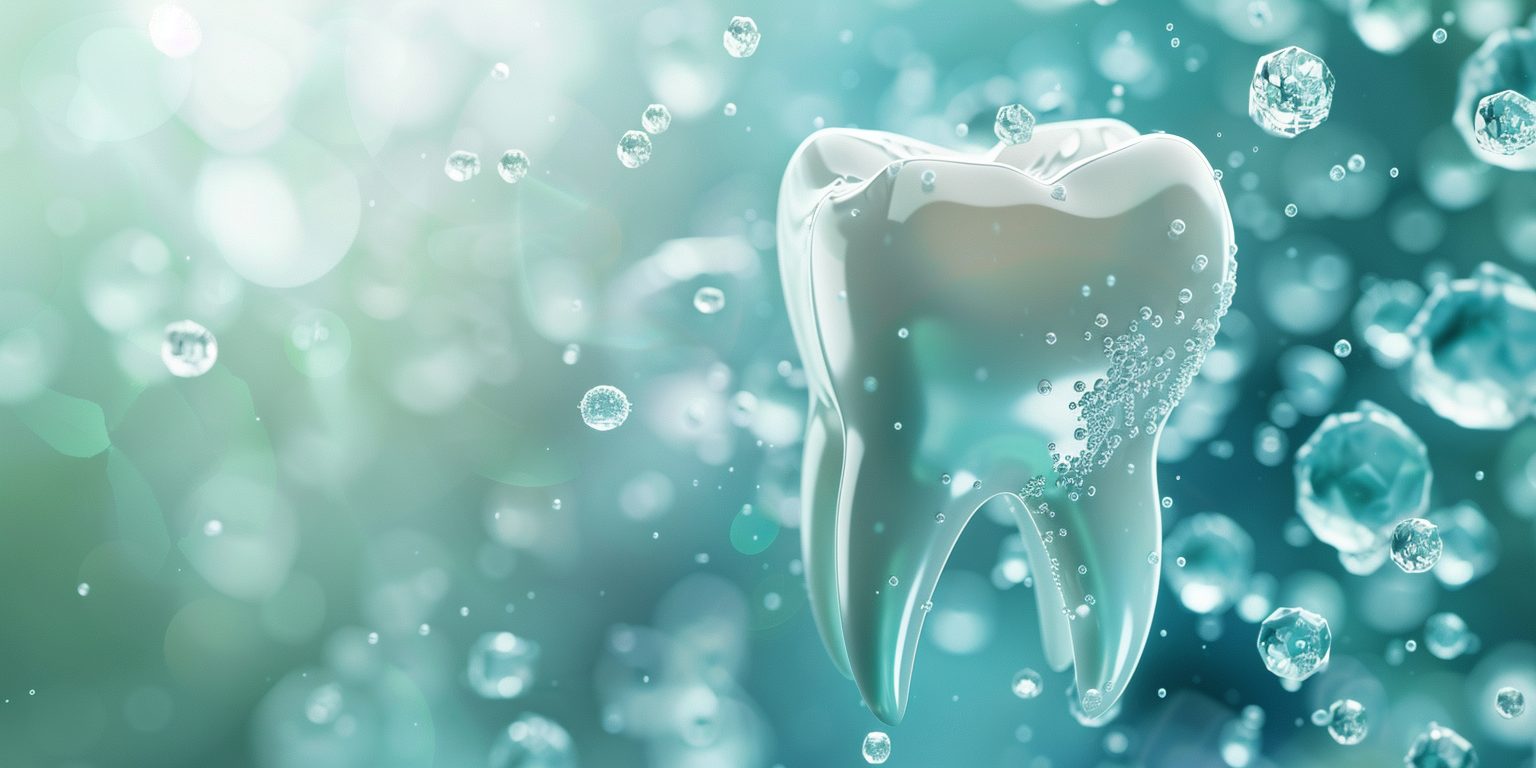 A digital illustration of a tooth surrounded by bubbles and floating particles.