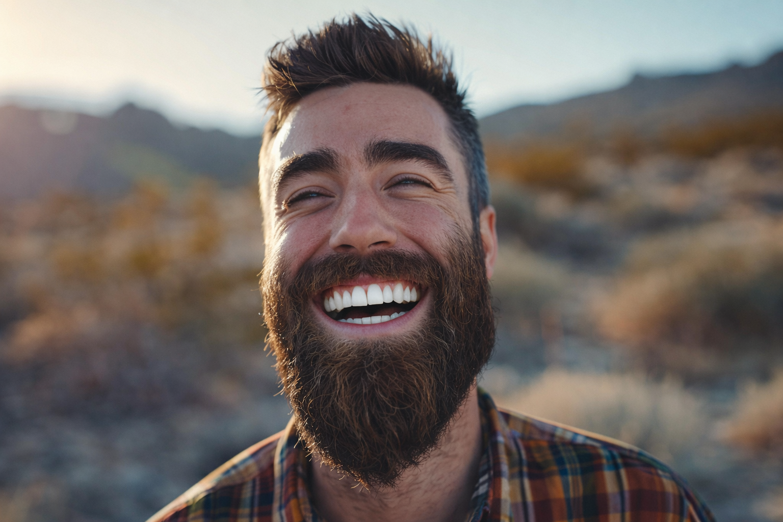 Close-up of a smiling man with a beard and short hair, outdoors in a natural, mountainous setting.