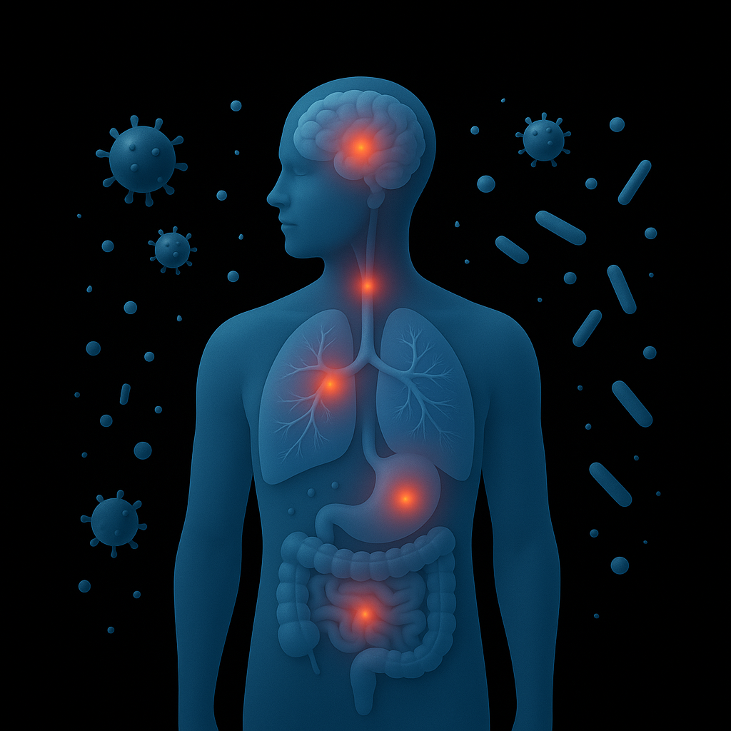 3D medical illustration of a semi-transparent human body on a dark background, with highlighted brain, lungs, stomach, and intestines glowing to represent systemic inflammation and the oral–systemic health connection