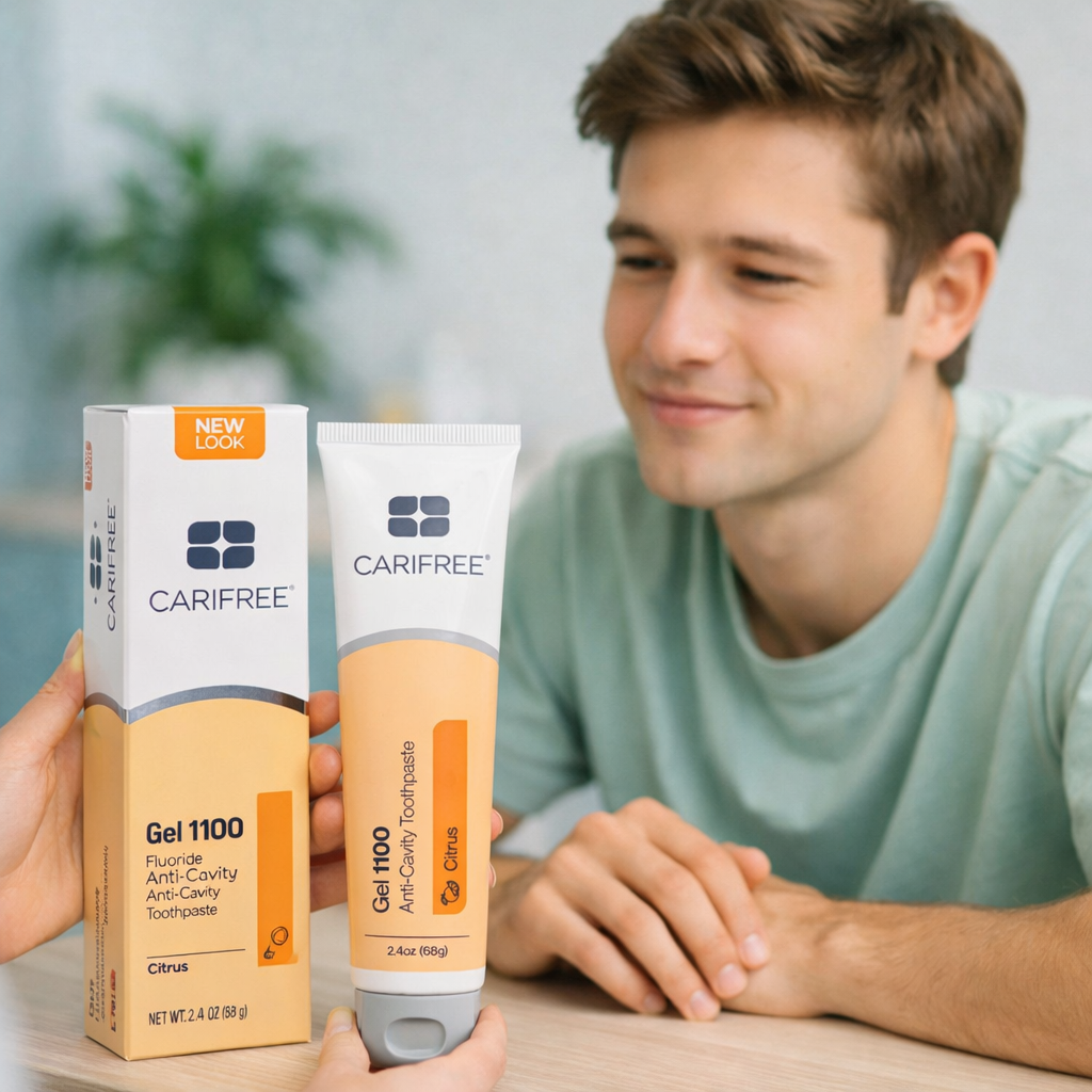 Patient reviewing a nano-hydroxyapatite toothpaste during an oral health consultation, illustrating at-home enamel care guidance.