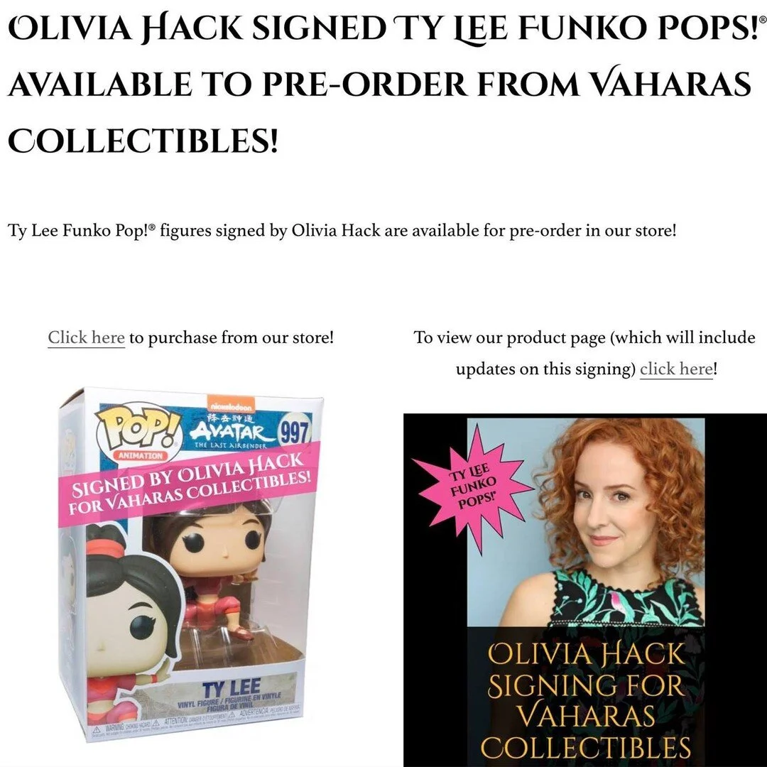Announcement post - https://www.vaharascollectibles.com/news/olivia-hack-signed-ty-lee-funko-pops-available-to-pre-order

Olivia Hack (@oliviahack1 ) signed Ty Lee Funko POPs!&reg; available to pre-order from Vaharas Collectibles! They can be purchas