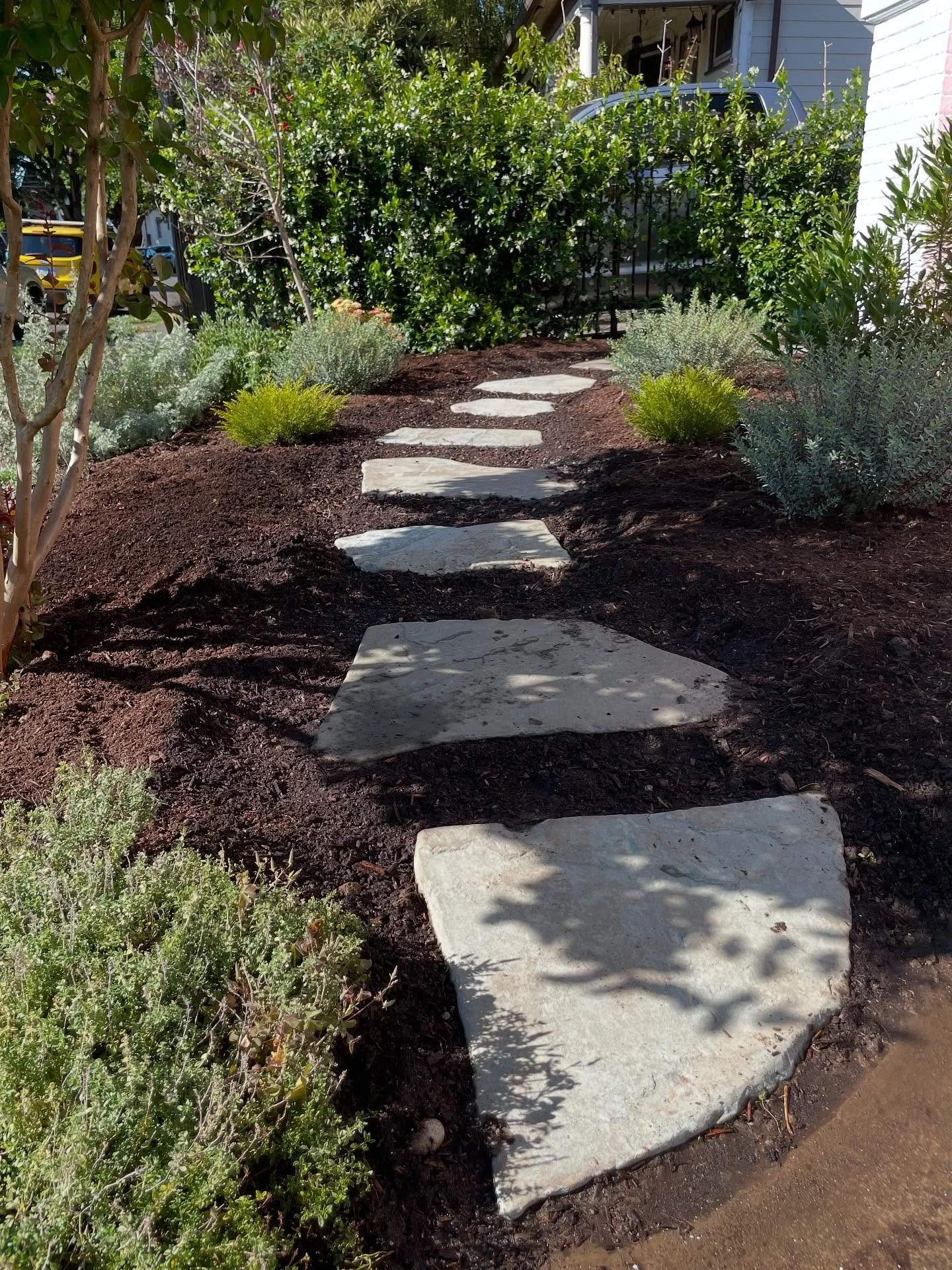 Just a quick little path and seating area for this pink cutie. 
•
The step stones are ready for @wildscapegardens to work her groundcover magic. 
•
•
#gdpdx #landscapecontractor #womenandqueer #womeninlandscaping #gardendesignpdx #woma