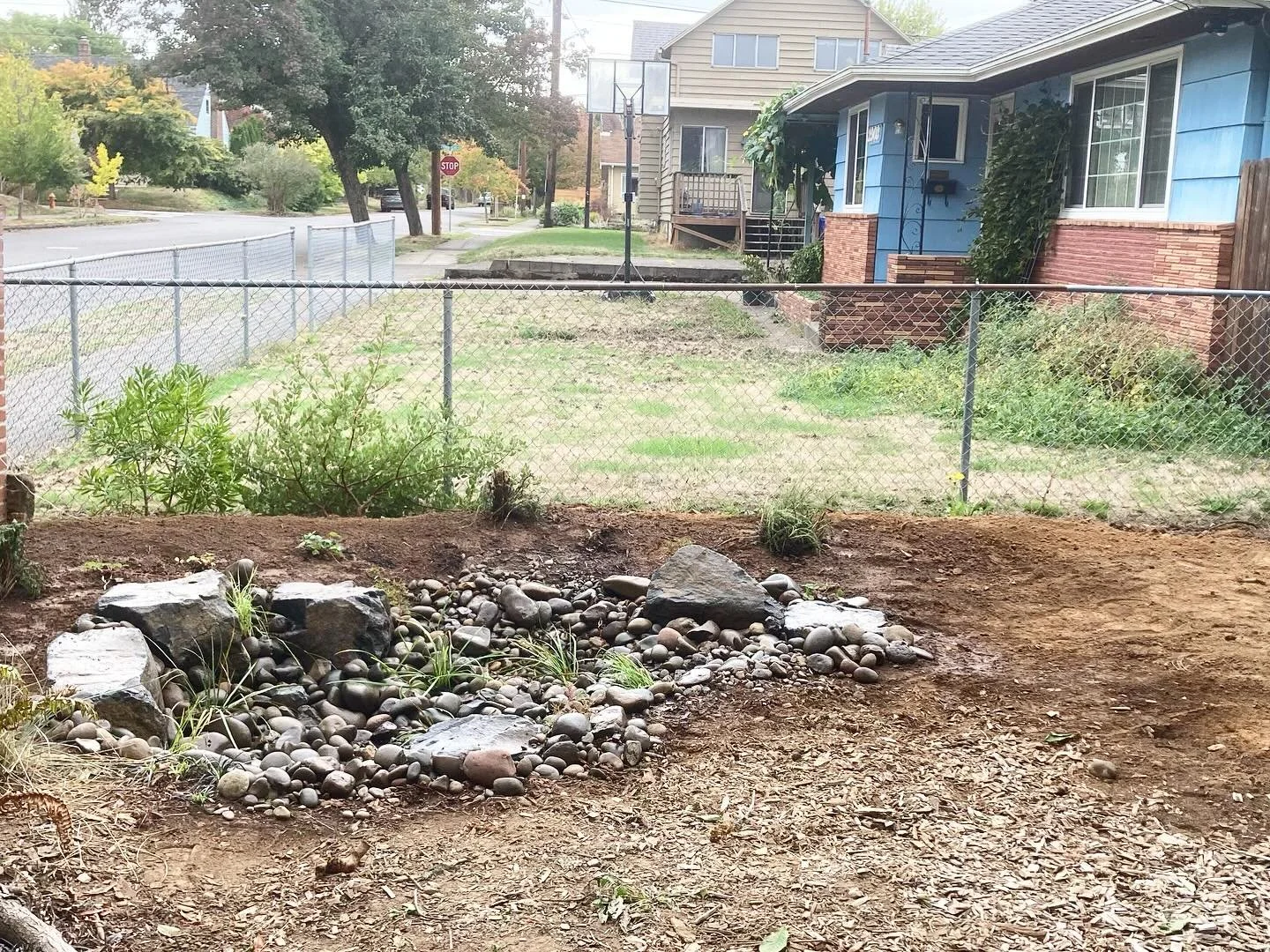 When you have a design that needs a rain garden, but your budget restricts you to just one part of the design, you definitely get the rain garden built first. 
•
Placed far enough away from the foundation, with the right slope, and a few water-l