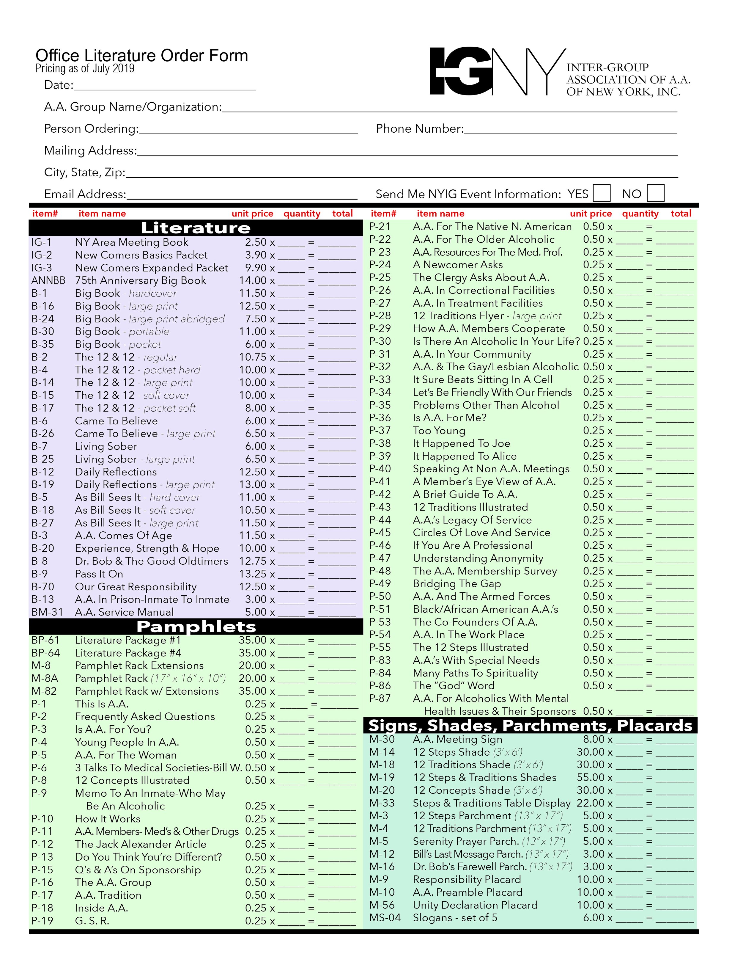 Order Form front