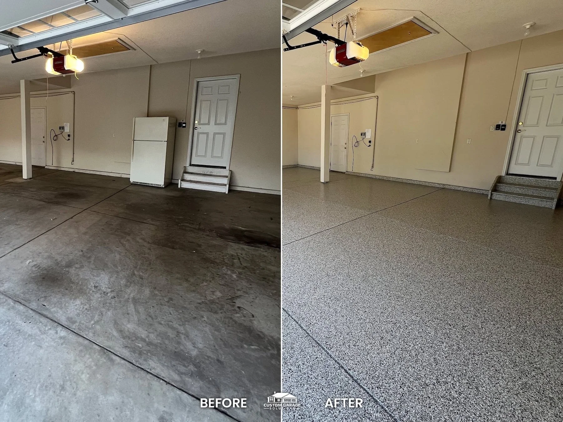 Polyaspartic garage floor coating paired with custom garage cabinets and storage
