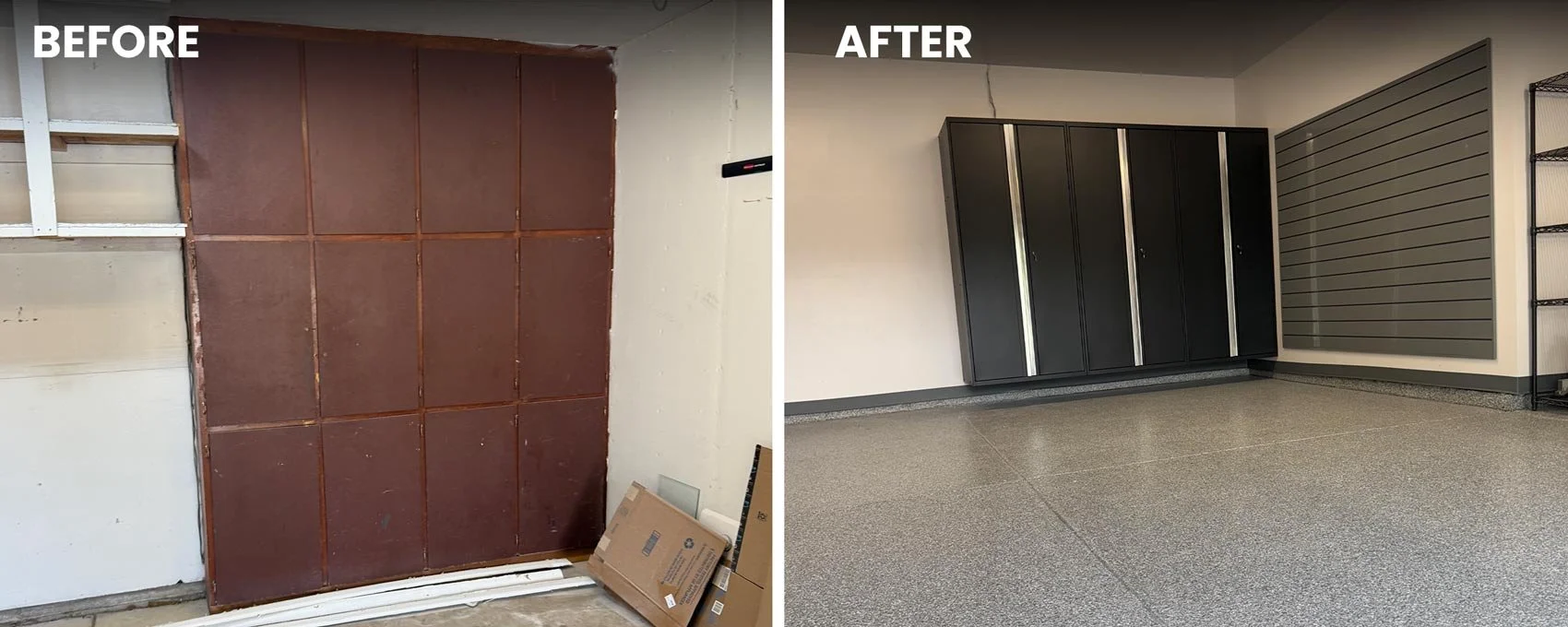 Garage Installation - Floors, Cabinets, Storage, Drywall - Before and After | Colorado