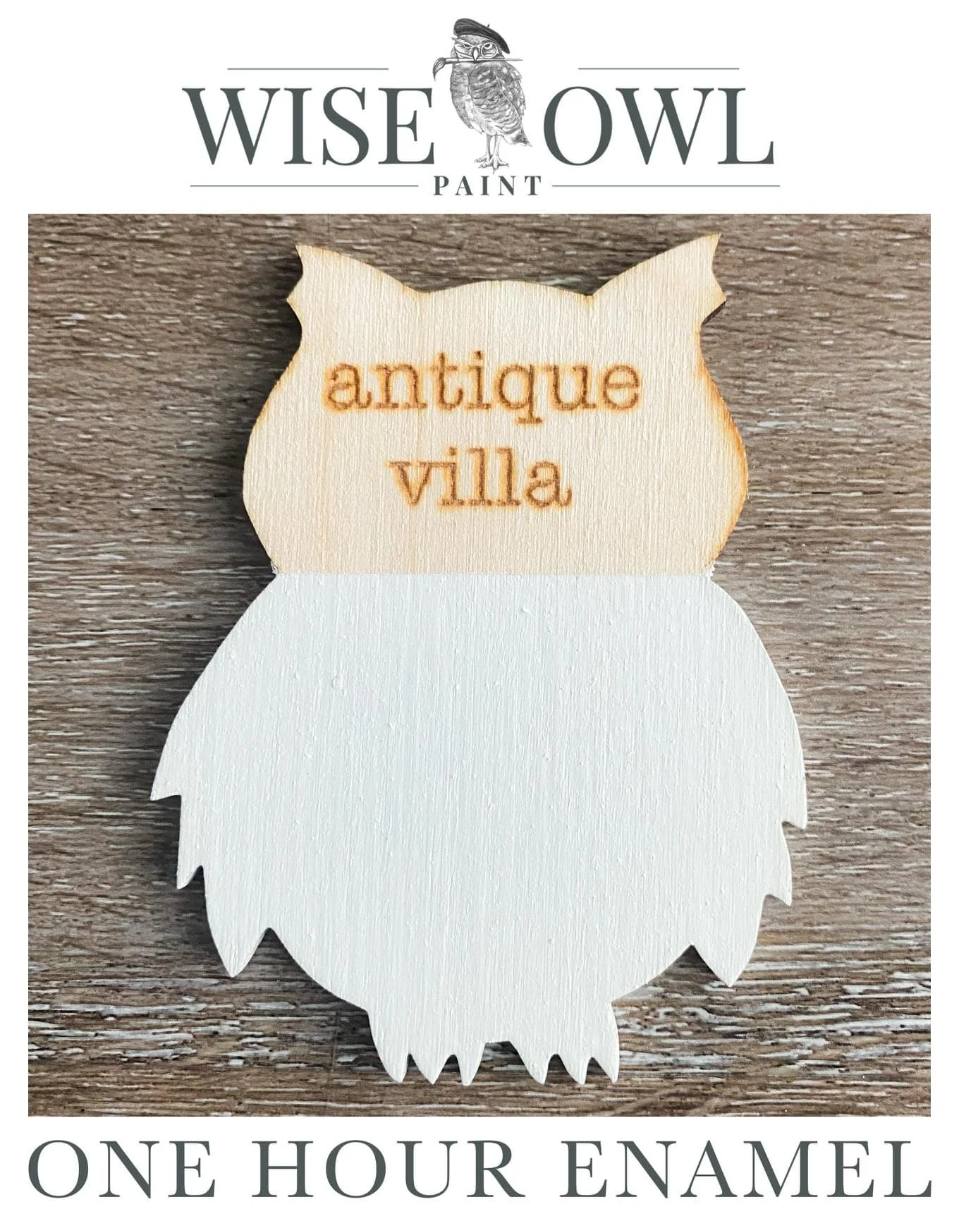 A wood cutout of an owl with the words "antique villa" engraved on the owl's head, and text above and below reading "Wise Owl Paint" and "One Hour Enamel."