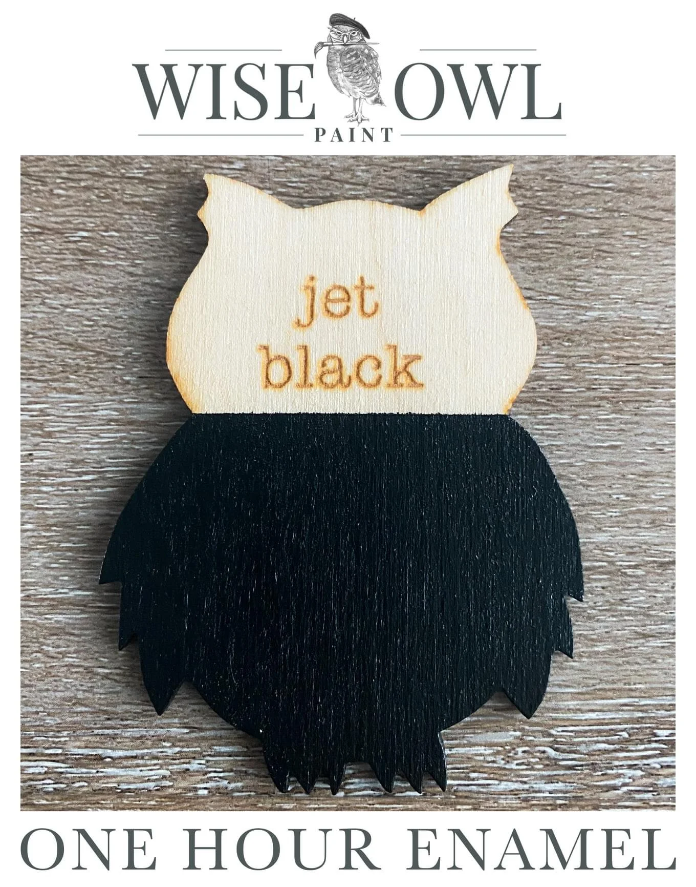 Wooden pin shaped like an owl, painted black with a cream-colored face, with the words 'jet black' embroidered on the face