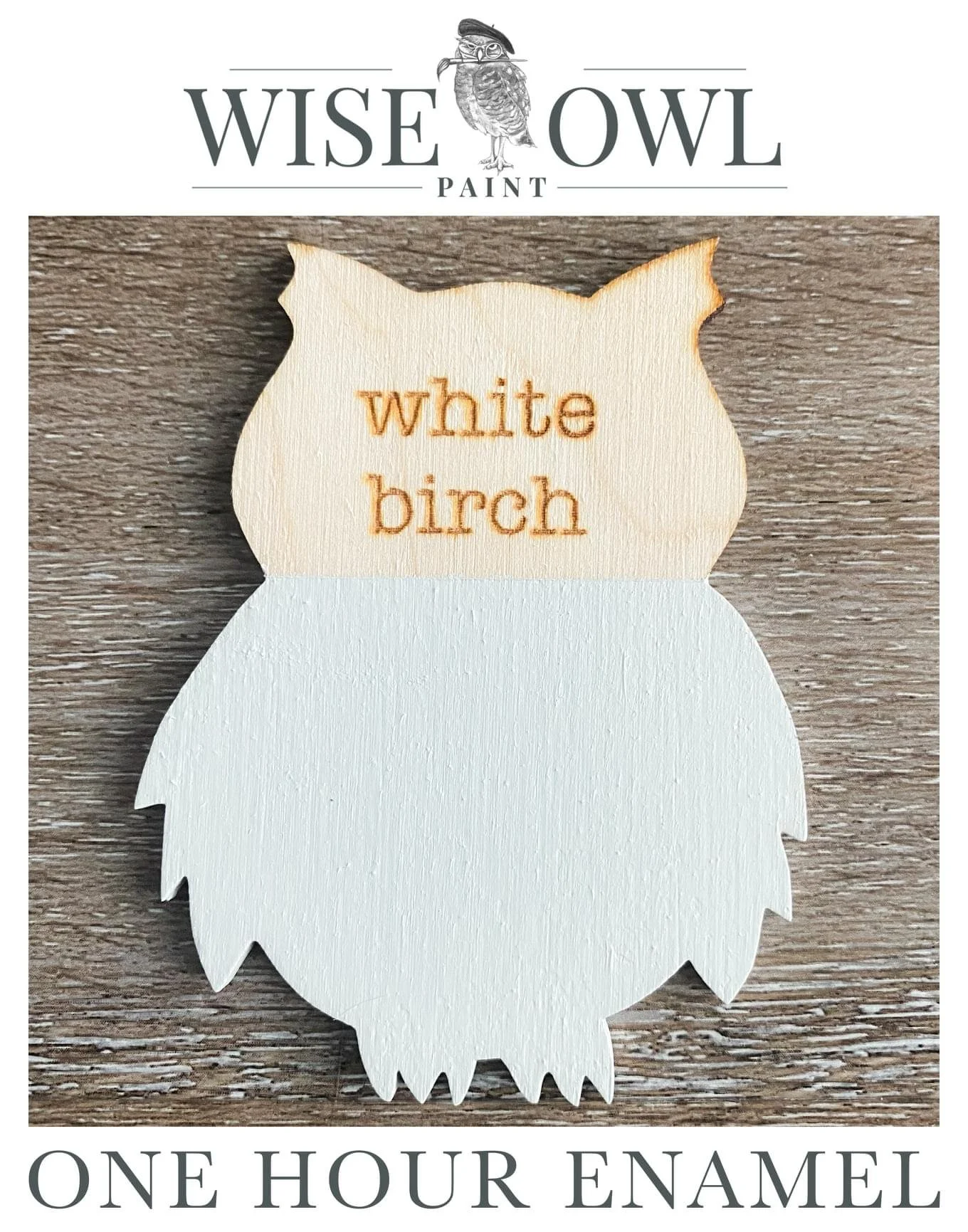 A wooden cutout of an owl with the words "white birch" engraved on its head, used for one-hour enamel paint projects.