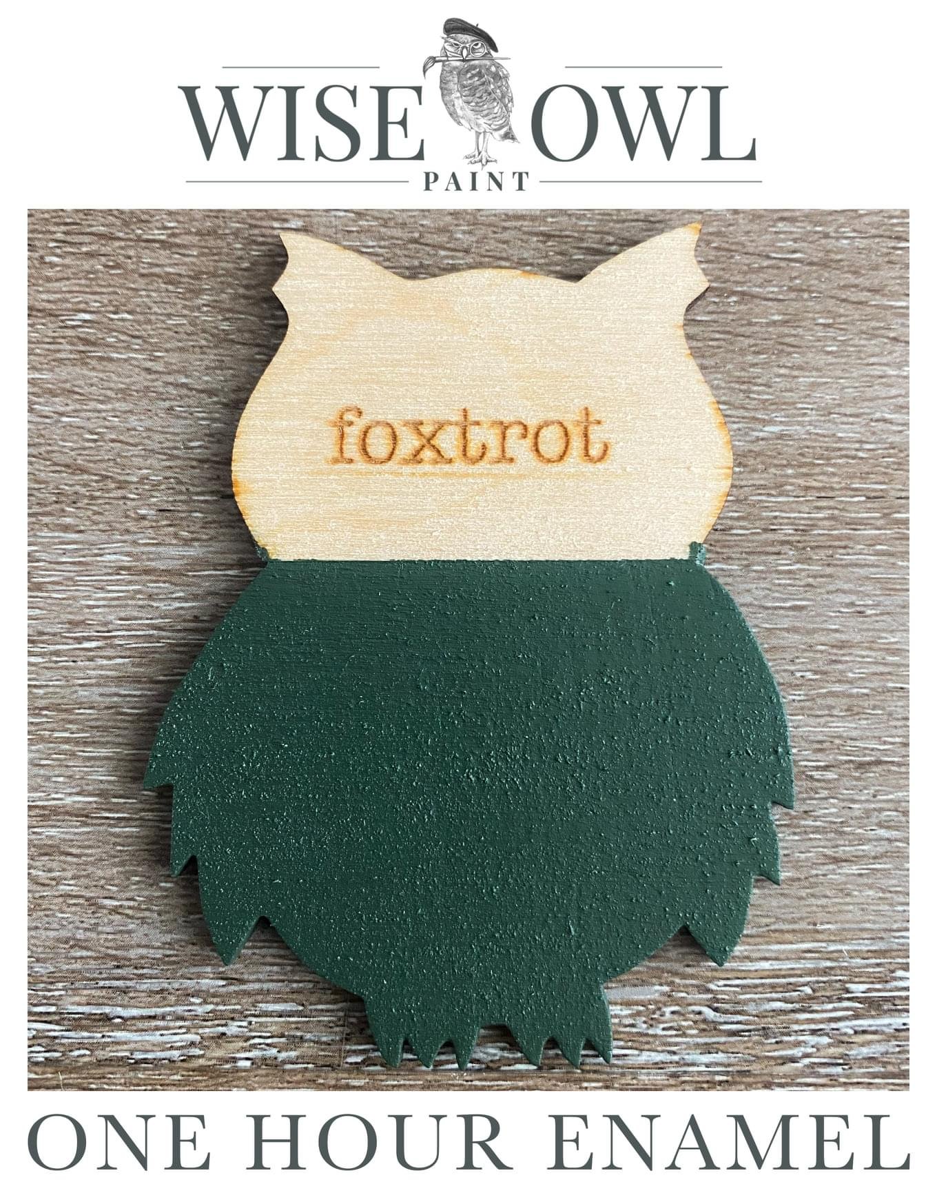 A wood cutout in the shape of a fox's head and body, painted with green and cream colors, with the word 'foxtrot' engraved on the cream part, used for craft painting by Wise Owl Paint.