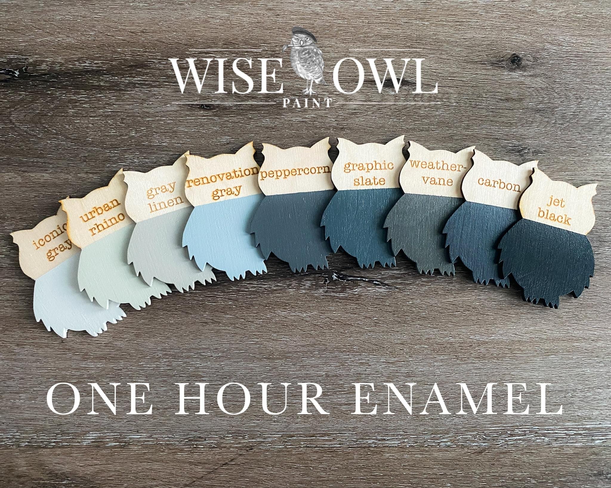 Paint color samples in a rainbow arrangement from light to dark, labeled with names like 'urban gray,' 'linen,' 'gray renovation,' 'peppercorn,' 'graphic slate,' 'weather vane,' 'carbon,' and 'jet black'. Text overlay states 'Wise Owl Paint' and 'One