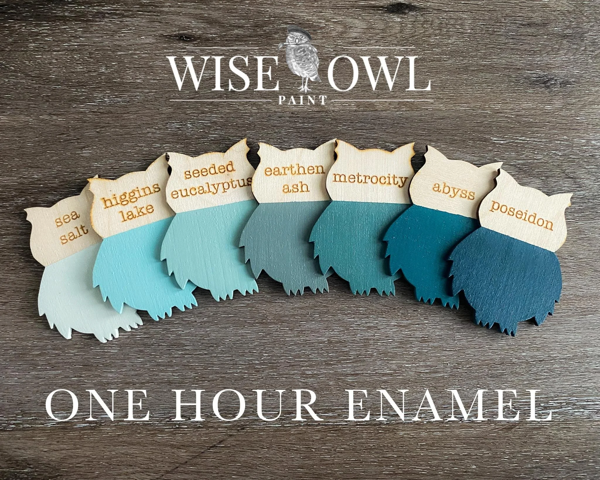 Set of six wood paint swatches shaped like bear heads in shades of blue, each labeled with a different natural element: sea salt, Higgins lake, seeded eucalyptus, earthen ash, metrocity, abyss, poseidon. The background has the WISE OWL PAINT logo and