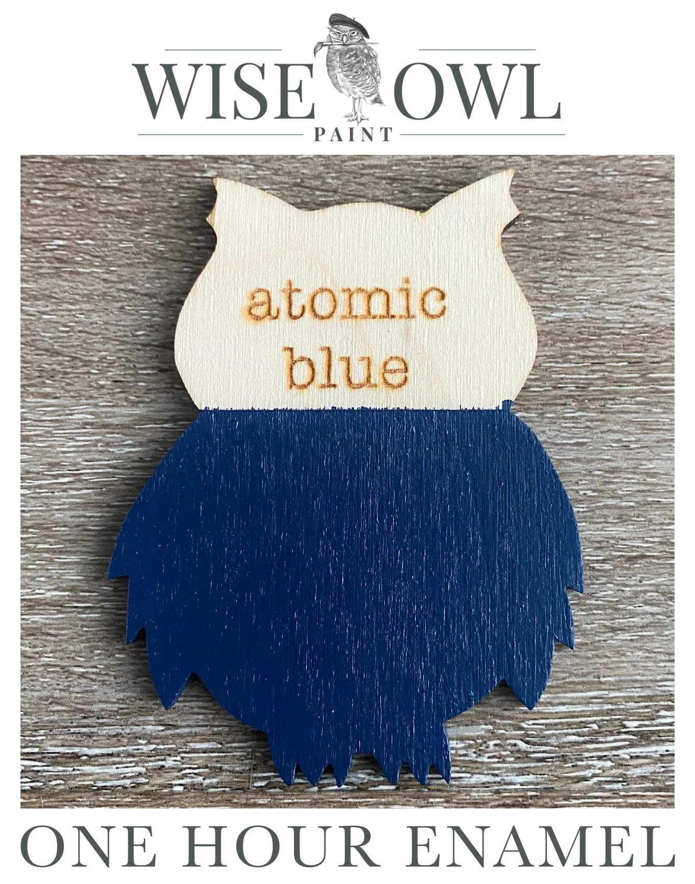 A wooden owl-shaped paint sample with a cream-colored top and a blue bottom, labeled 'atomic blue'. The image features the text 'WISE OWL PAINT' at the top and 'ONE HOUR ENAMEL' at the bottom, indicating it is a paint sample from Wise Owl Paint.