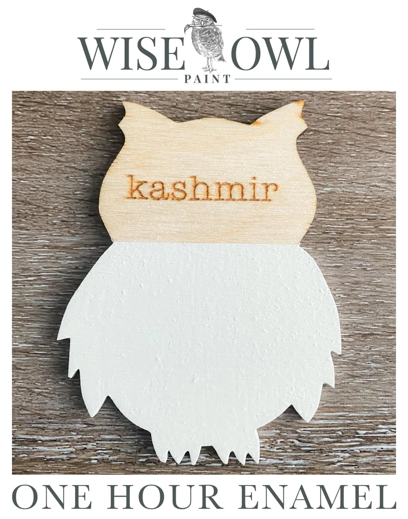 Wooden owl-shaped ornament with the word 'kashmir' engraved in orange, displayed on a wooden surface, labeled as Wise Owl Paint, one hour enamel.