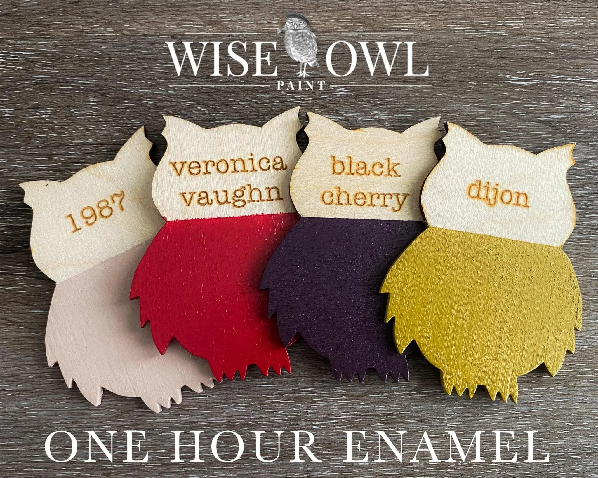 Wooden apple-shaped plaques in different colors with engraved text, displayed on a wooden surface. The plaques have the words '1987', 'veronica vaughn', 'black cherry', and 'dijon'. The top of the image has the logo and name 'Wise Owl Paint'.