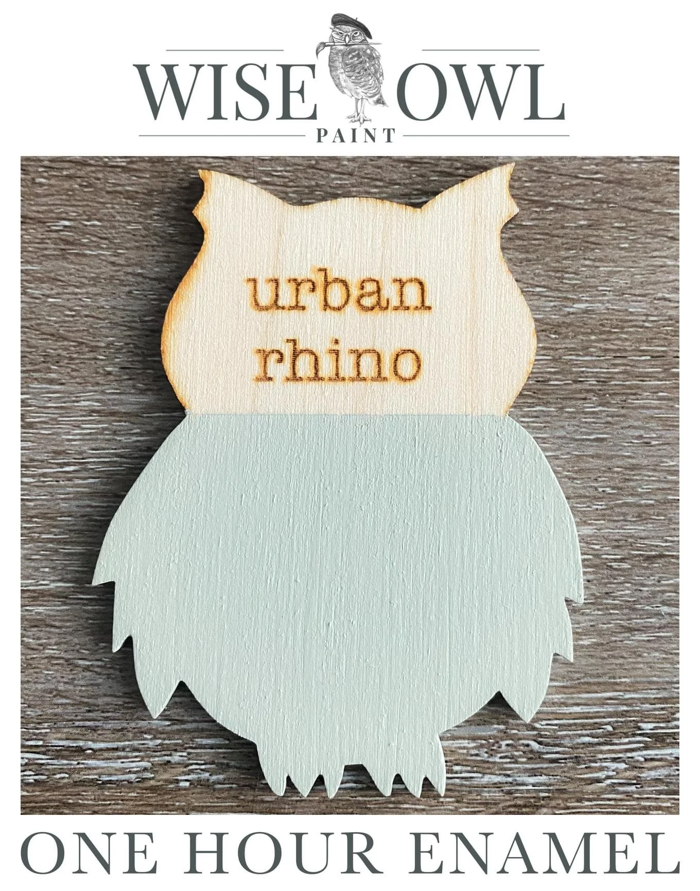 Wooden owl-shaped sign with the words 'urban rhino' carved in the head, and text at the top reading 'WISE OWL PAINT' with an owl illustration, and at the bottom reading 'ONE HOUR ENAMEL'.