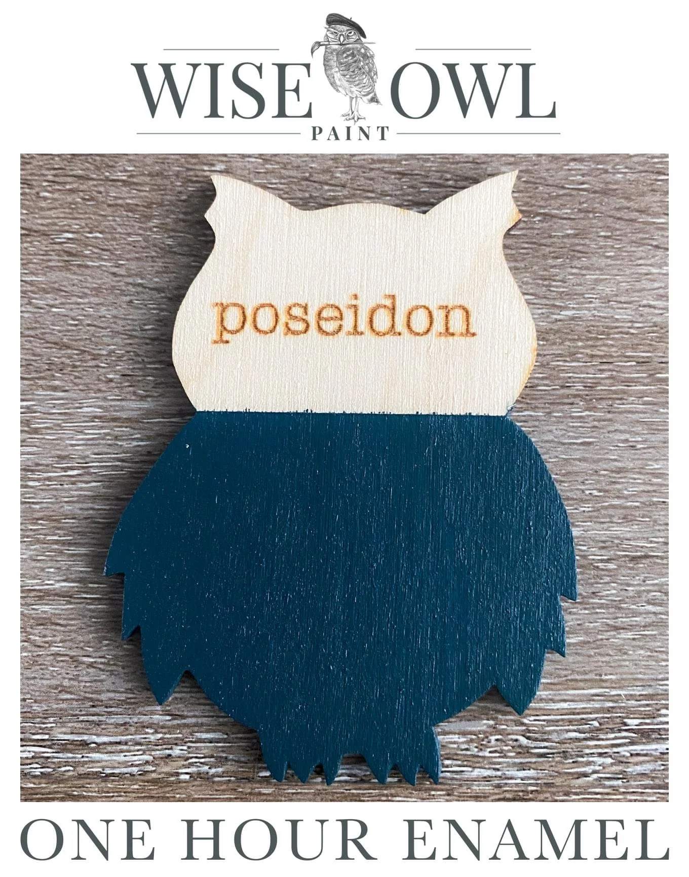 A wooden owl-shaped paint sample with a beige top half and a dark blue bottom half. The top beige section has the word 'poseidon' embroidered in orange. The packaging features the brand name Wise Owl Paint at the top and 'One Hour Enamel' at the bott