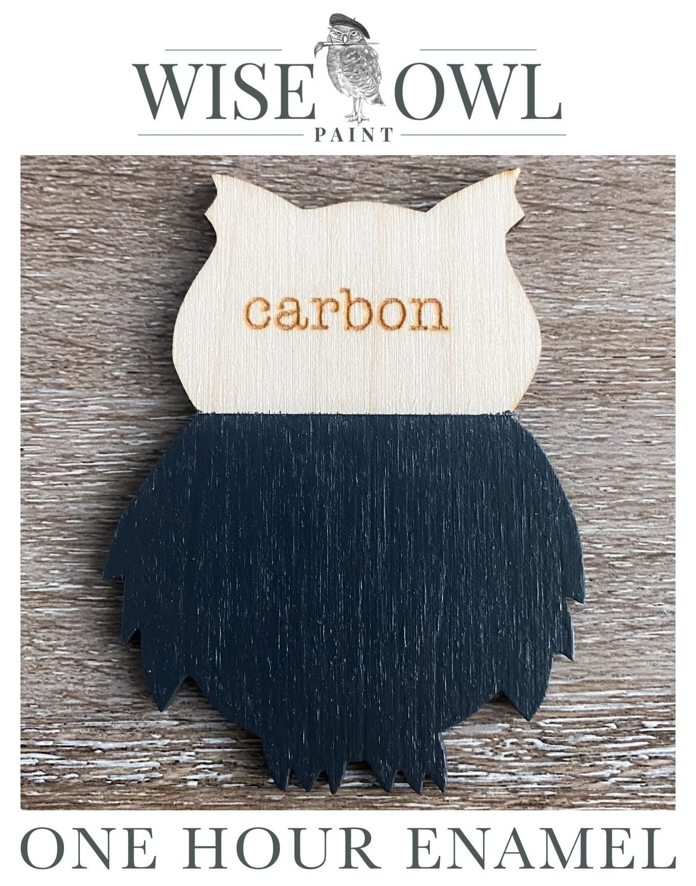 A wooden owl-shaped object with the word 'carbon' engraved on its cream-colored part and a dark blue lower part, labeled as Wise Owl Paint, advertising one-hour enamel paint.