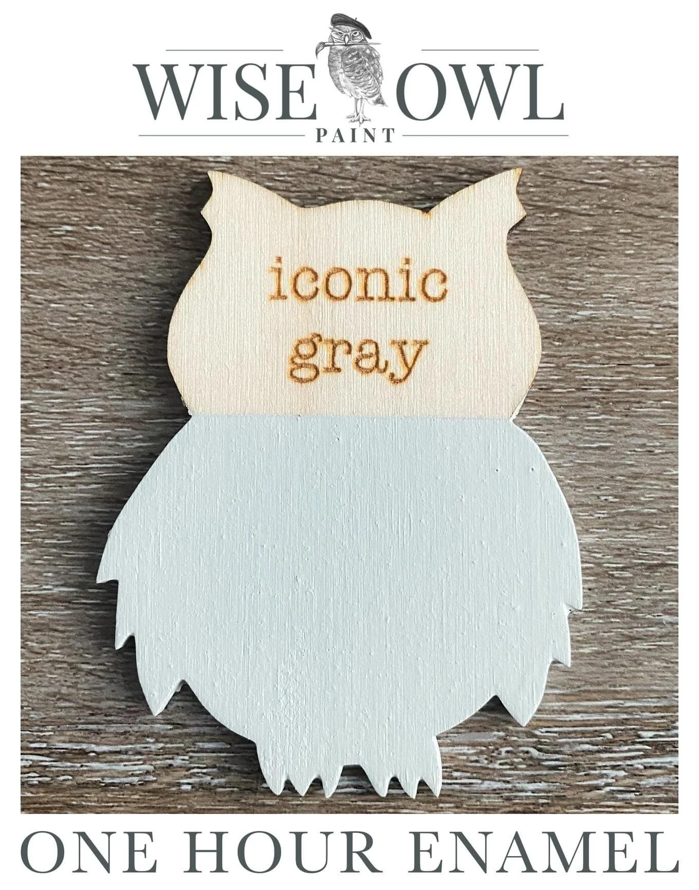 A wooden owl-shaped paint sample with the words "iconic gray" engraved on the top part, labeled as One Hour Enamel paint by Wise Owl Paint.