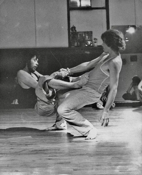 Improvisation Rehearsal. Seamus Linehan and Lola Ryan at Synergy Studio, Western Front. 1975. Photo by Carol Gordon. Linda Rubin, Synergy Movement Workshop Collection.