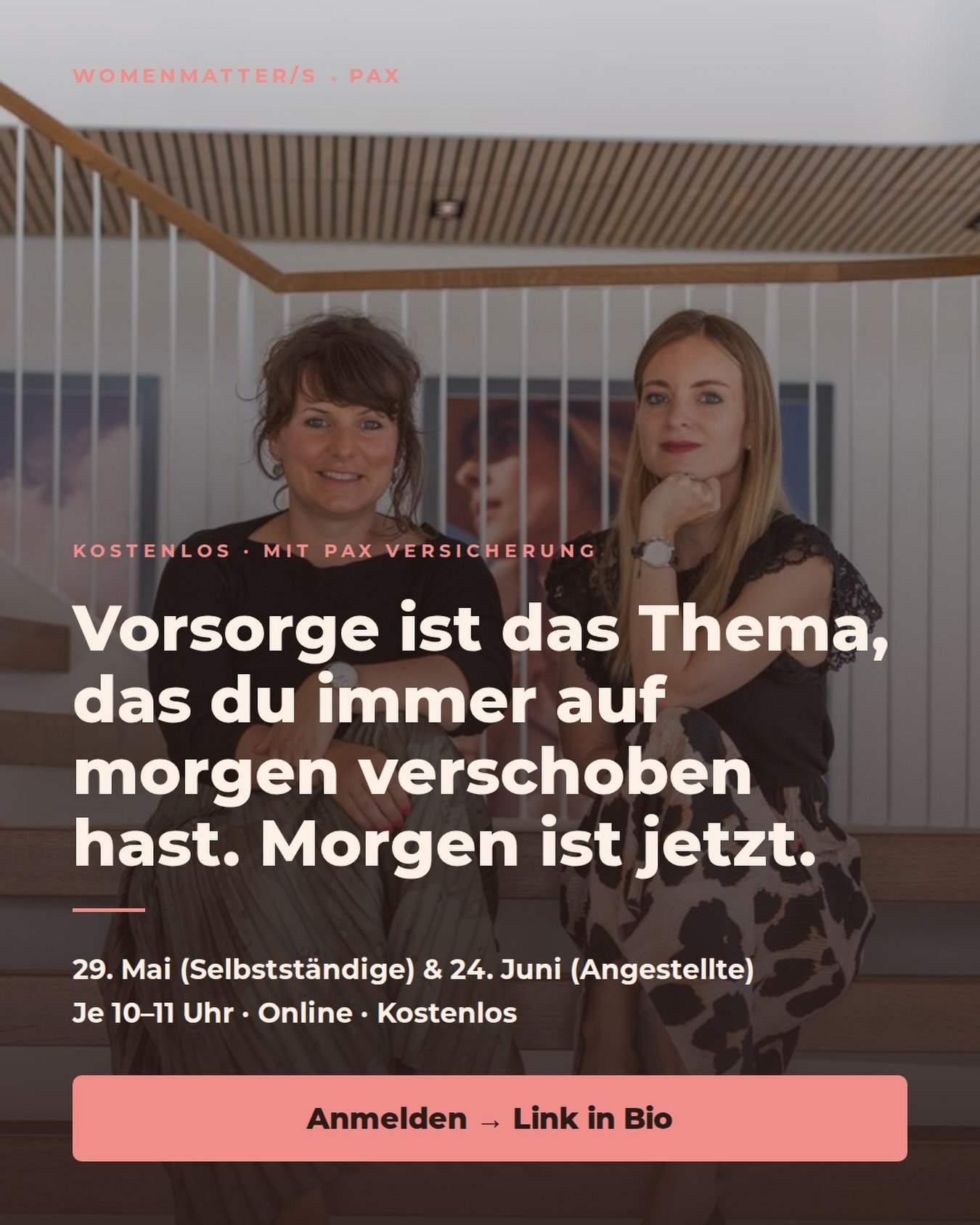 Zwei Webinare. Zwei Lebenssituationen. Und ein Thema, das keine von uns auf die lange Bank schieben sollte: VORSORGE ‼️ 

F&uuml;r Frauen im Angestelltenverh&auml;ltnis und f&uuml;r alle, die den Schritt in die Selbstst&auml;ndigkeit gewagt haben.

B