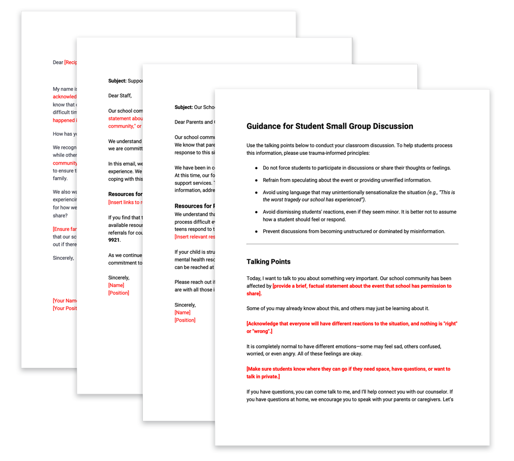 Three pages of a school communication document with guidance for student small group discussions, including talking points and trauma-informed principles.