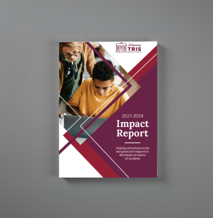 Cover page of the 2021-2024 Impact Report for Arkansas TRIS, showing a teacher and student in a classroom, with geometric design elements and the title and description of the report.