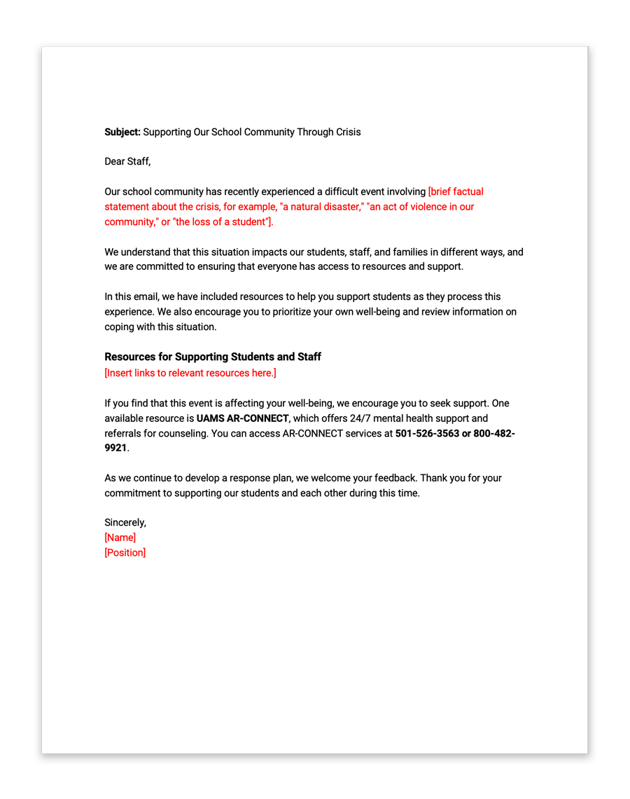 Letter addressing staff support for students during a crisis, with placeholders for personalized information and resource links.