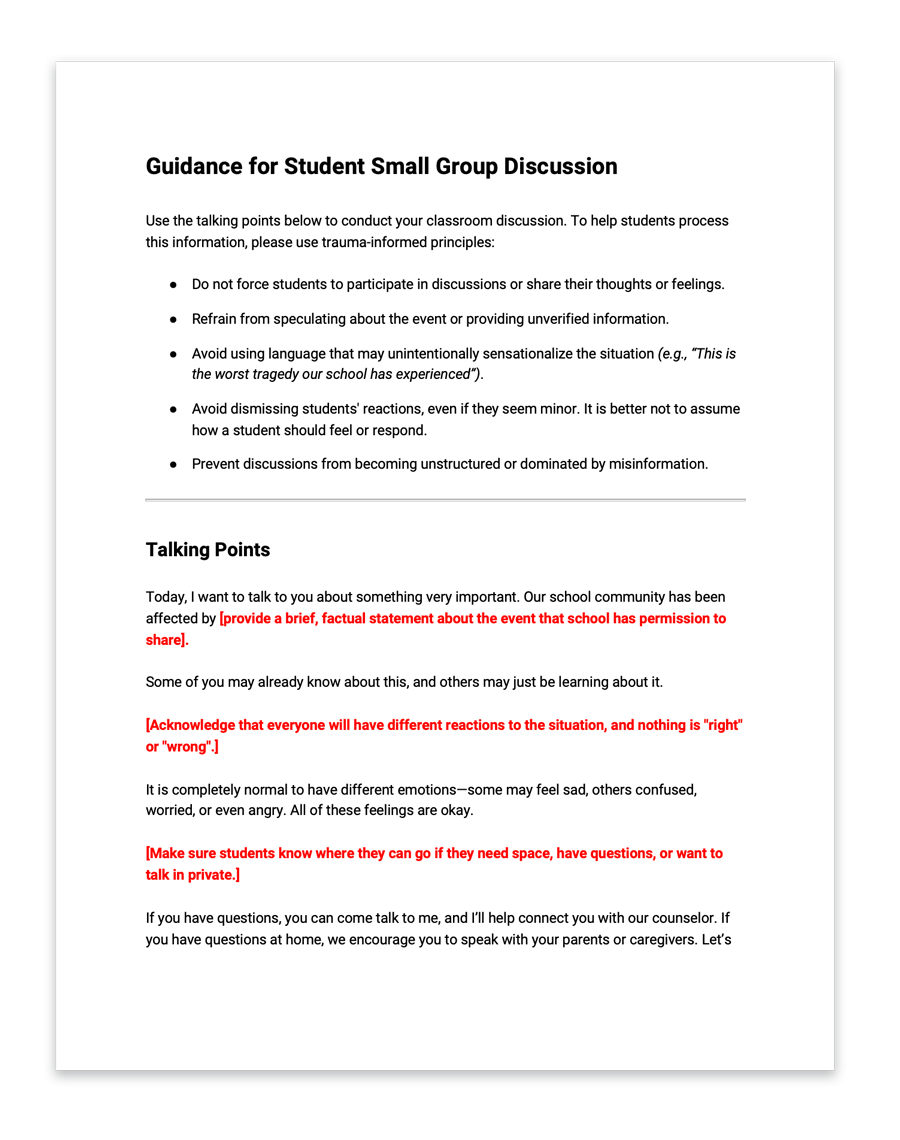 Guidance document titled 'Guidance for Student Small Group Discussion' with talking points and trauma-informed principles for classroom discussions, including tips on how to approach sensitive topics and support students.