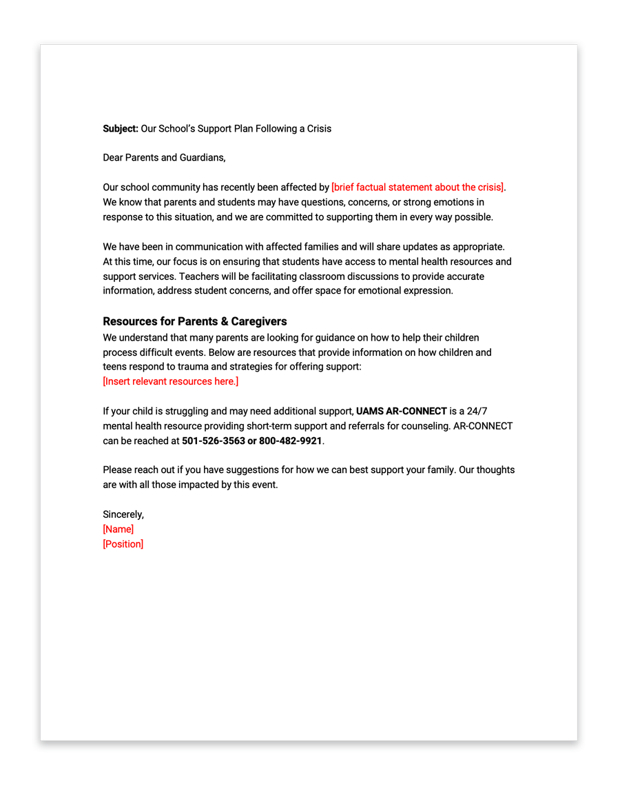 School support plan letter for parents following a crisis, with guidance and resources, addressing student mental health.