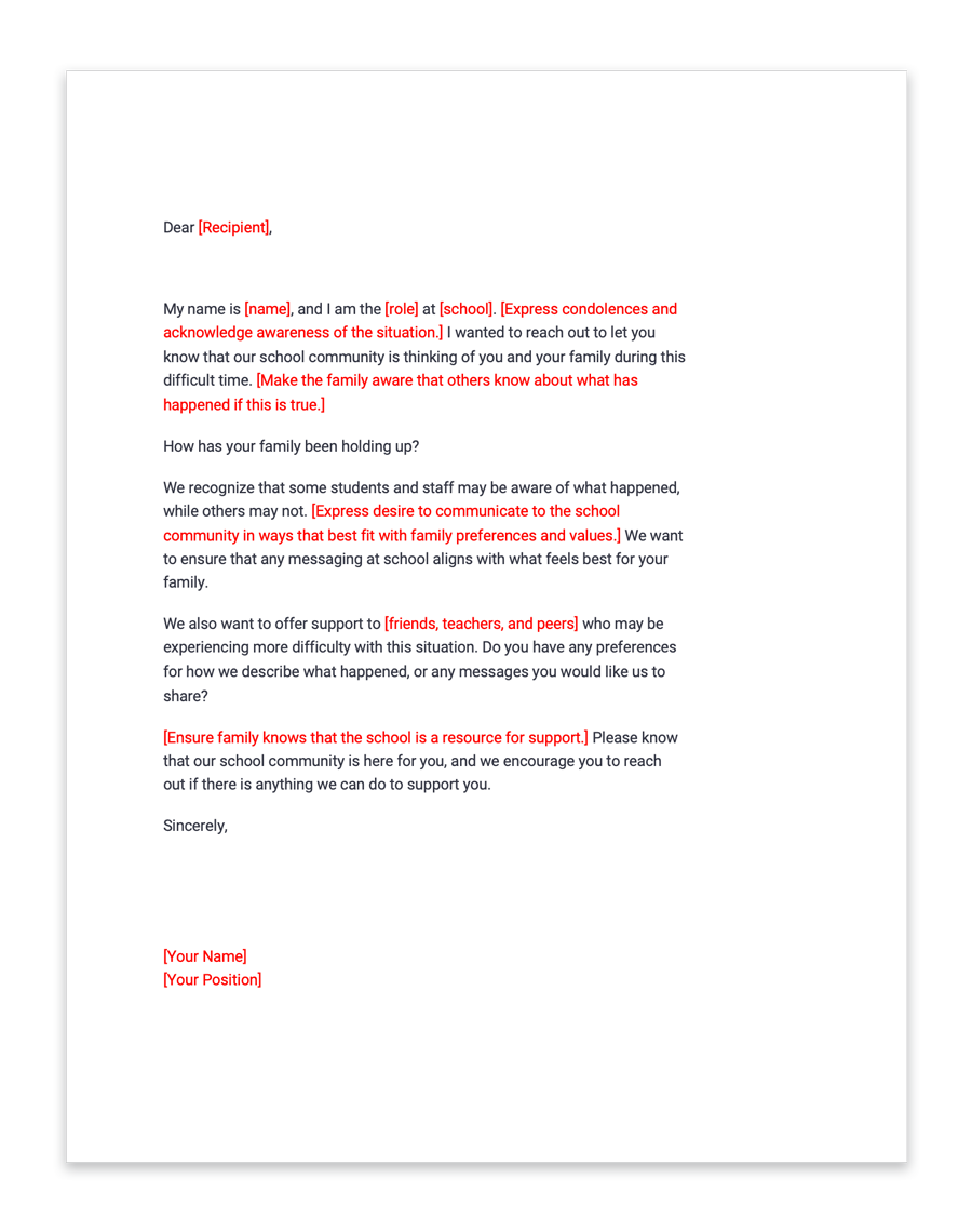 A letter template addressed to parents, with placeholders for recipient name, sender's name, role, and school. The letter expresses condolences, acknowledges the situation, and offers support from the school community.