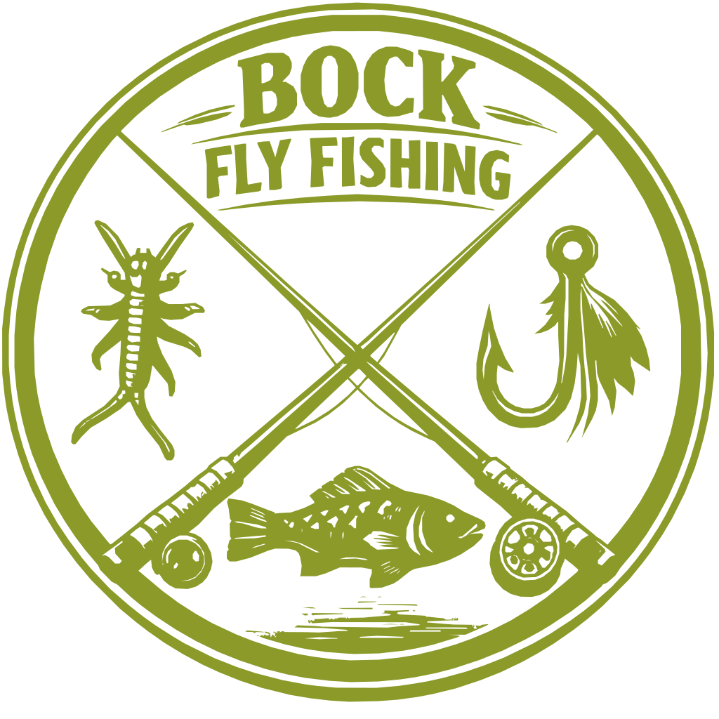 A circular logo for Bock Fly Fishing featuring fishing rods crossed, a crawfish, a fish, and an anchor, with the text 'Bock Fly Fishing' at the top.