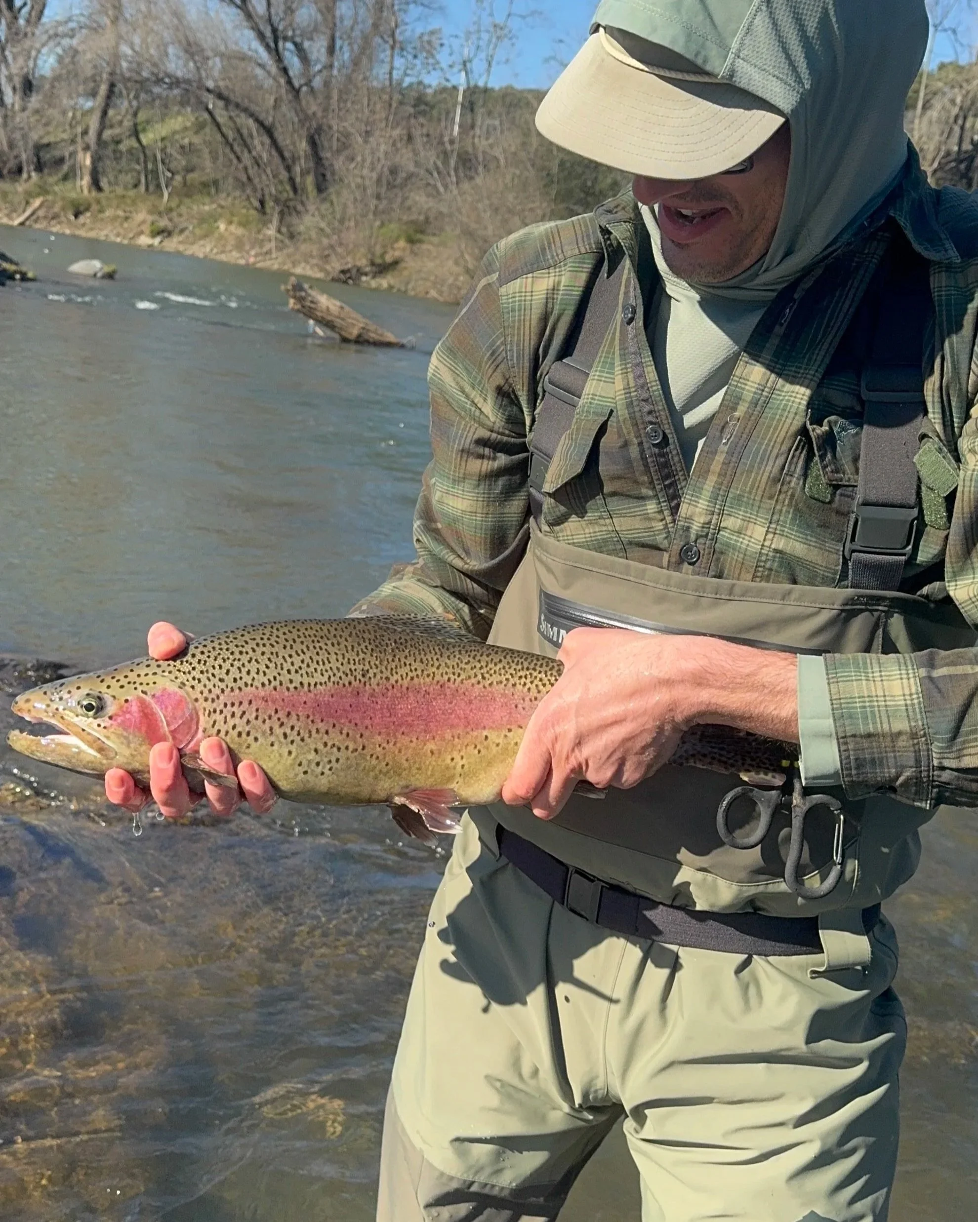 Person fly fishing in a river surrounded by trees
