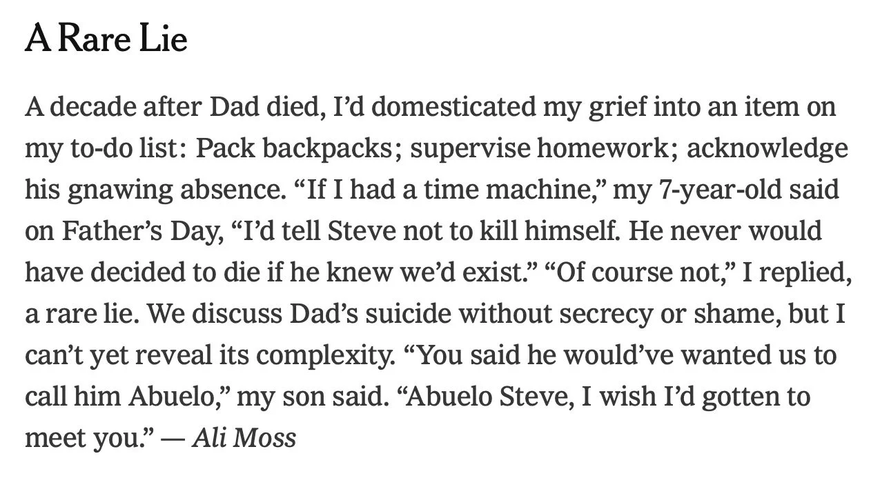 Thrilled that my first NYT byline is such a meaningful one. Tiny Love Stories FTW.

#writing #memoir #nonfiction #flashnonfiction #modernlove #tinylovestories #parenting #suicide #grief #fathers #daughters #sons