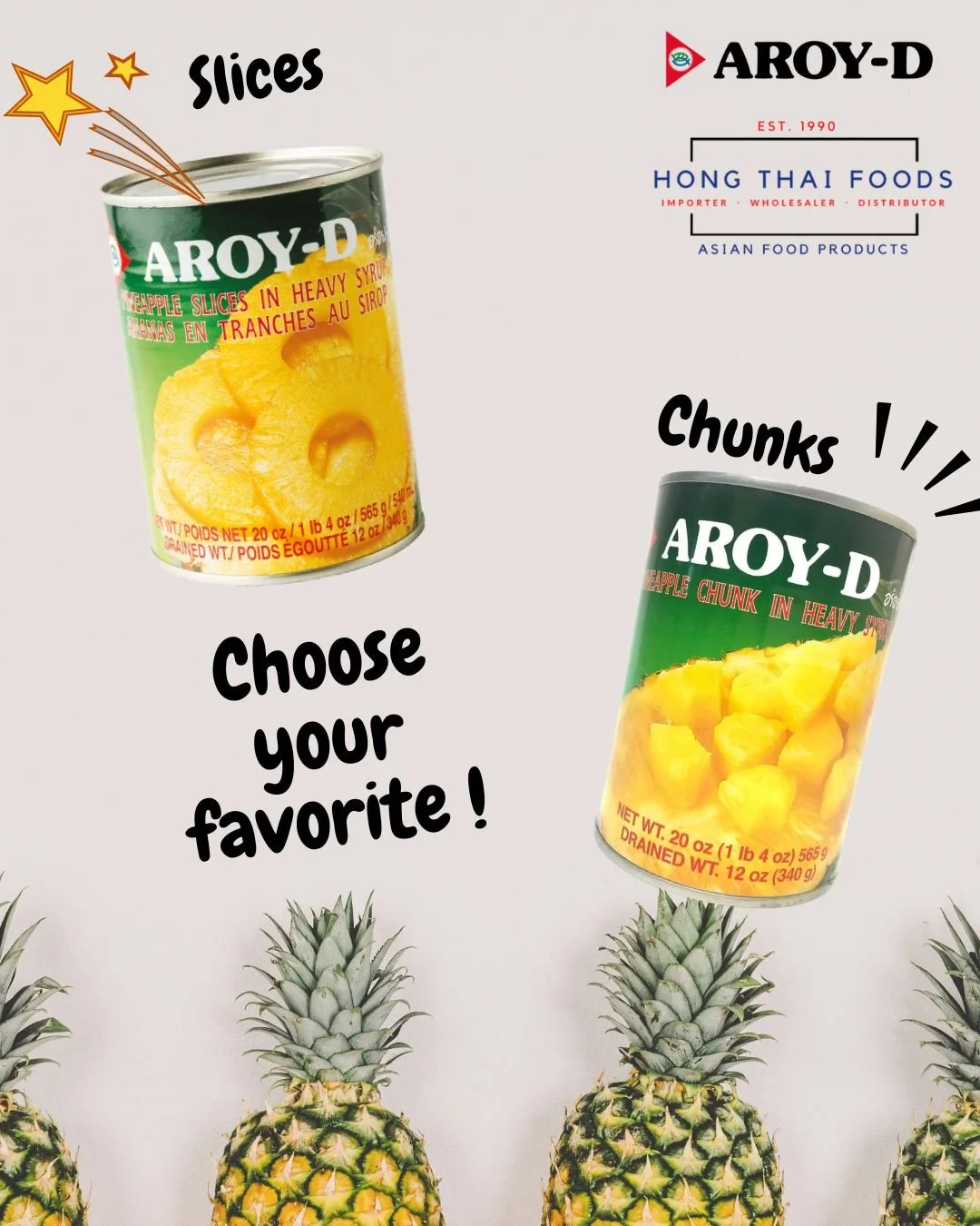Slices or Chunks ? 
>> AROY-D Pineapple 🍍 Sweet, juicy and ready to serve 💯

#hongthaifoods #import #wholesale #distributor #asianfood #nyc #nyceats #thaifood #thairecipes #recipe #asianrecipes #nycfood #asianmarket #asiangrocery #asiansuperm