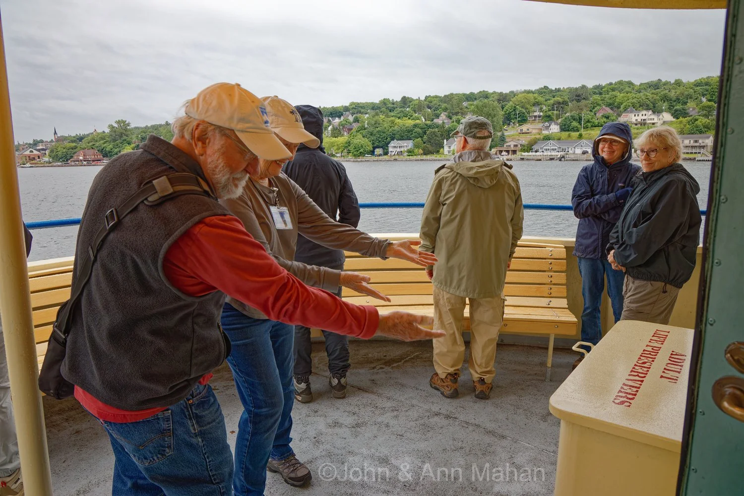 On board Ranger III -- demonstrating location of lifejackets