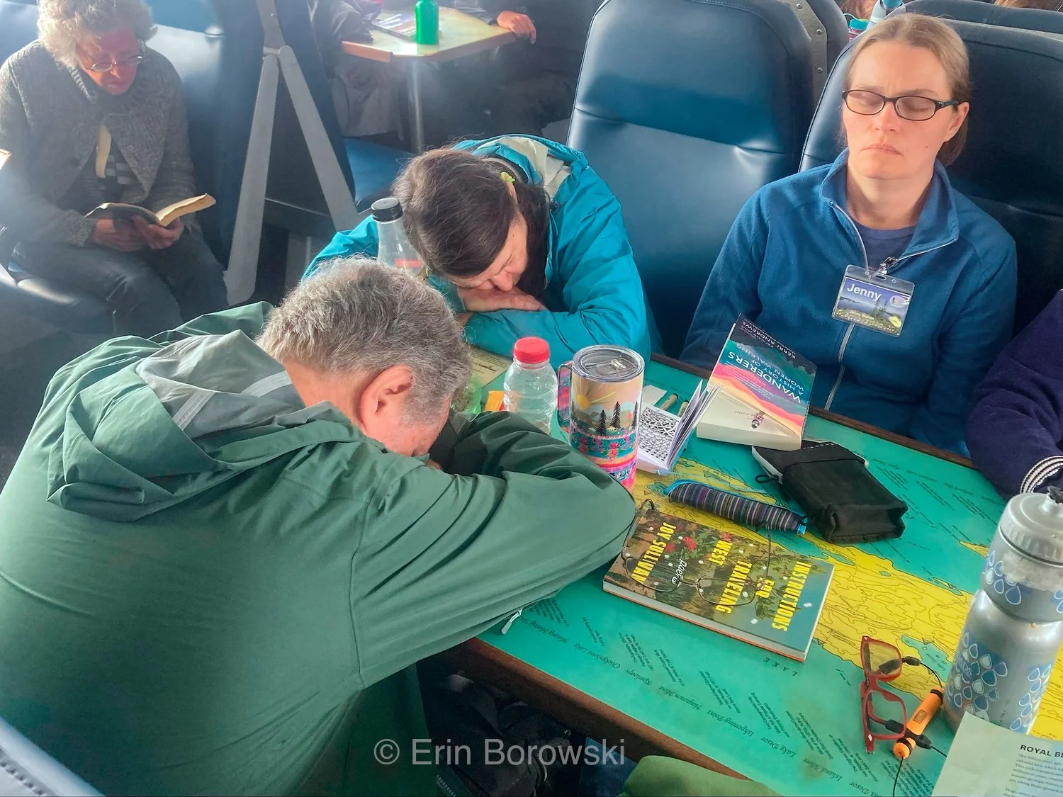 Exhausted Trip Leaders, on board Isle Royale Queen, returning to Copper Harbor (photo by Erin Borowski)