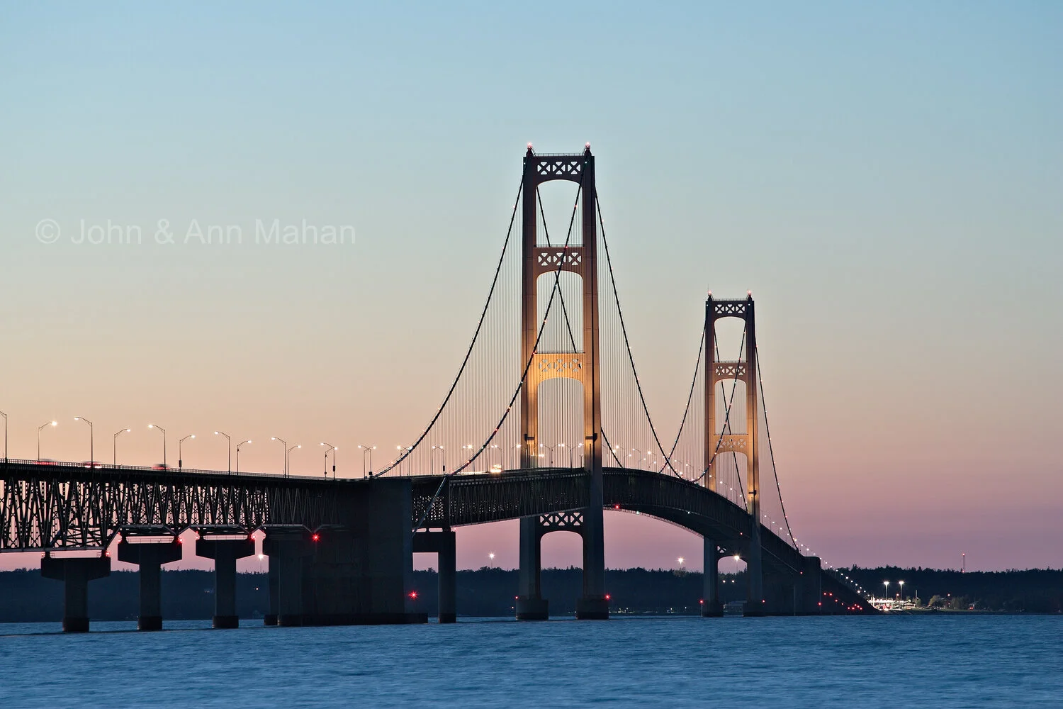 ID_2430C2_04 Mackinac Bridge after Sunset -- Lake Michigan meets Lake Huron in Straits of Mackinac