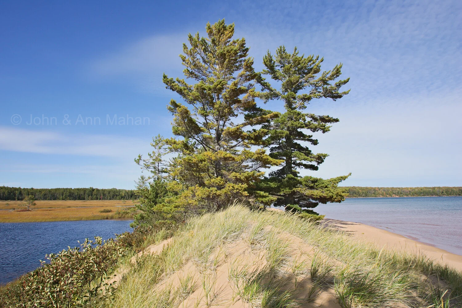 ID_9616C2_04  Julian Bay -- beach dunes separate a lagoon on the left from Lake Superior on the right -- Stockton Island