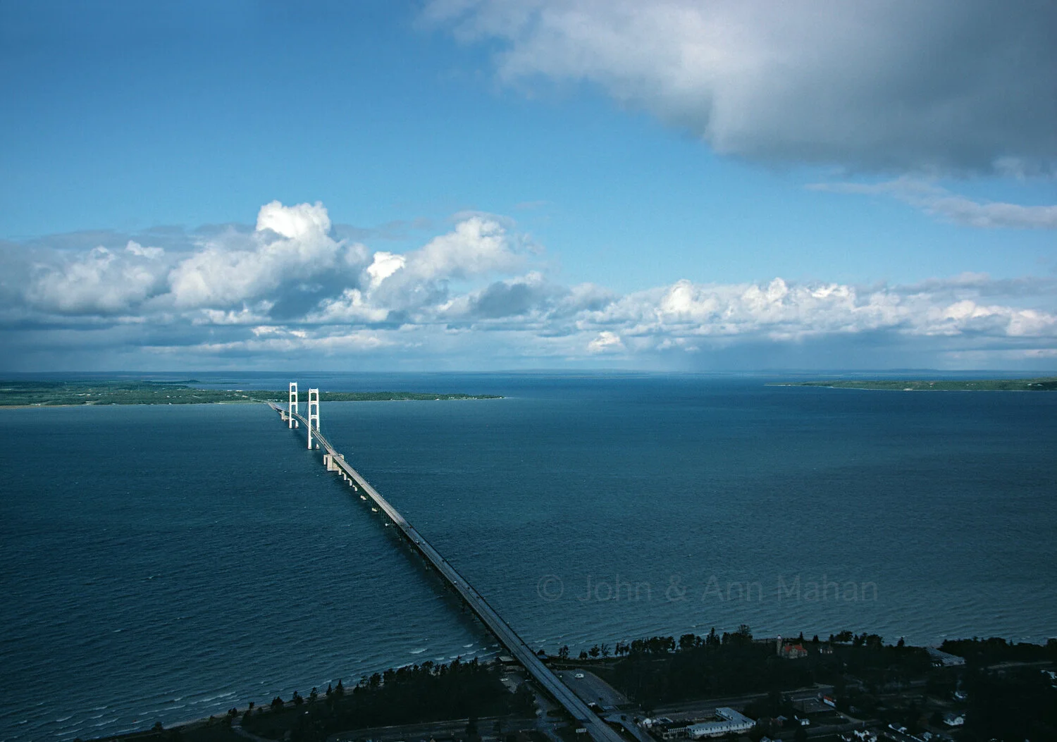 ID_23-989C  Aerial view of Mackinac Bridge and Straits of Mackinac -- Lake Michigan to the left and Lake Huron to the right