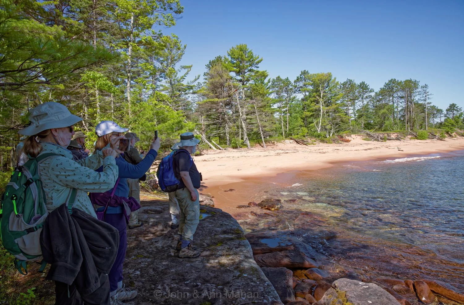 Stockton Island Hikers at junction of Julian Bay Trail and Tombolo Trail