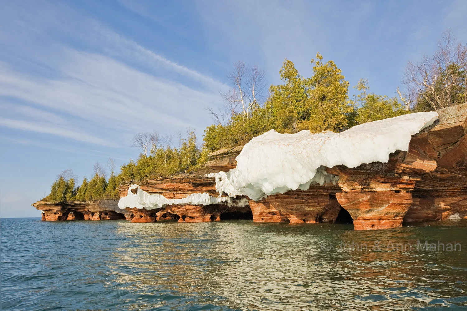 ID_8965-7C4_08  Devils Island Sea Caves --Snow remaining on Cliffs in Spring