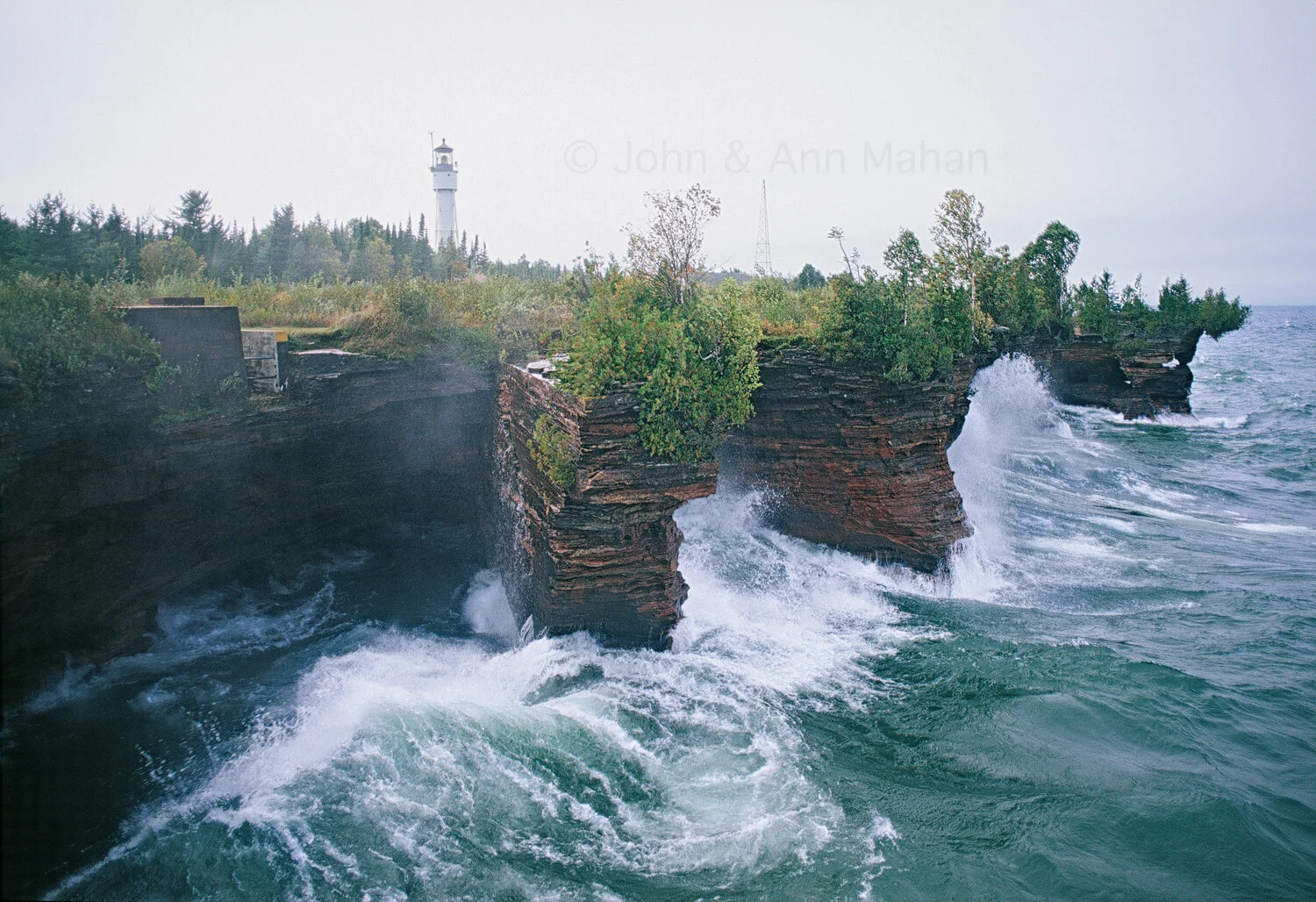 ID_26-7082B Waves pounding Sea Cave Cliffs at Devils Island Lighthouse -- Apostle Islands