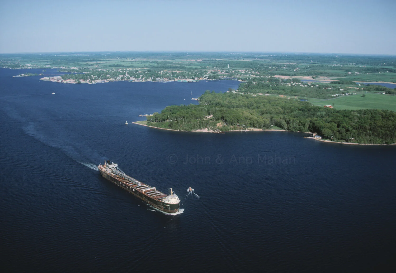 ID_31-1625C  Aerial view of Lake Freighter and Powerboat on St Lawrence River