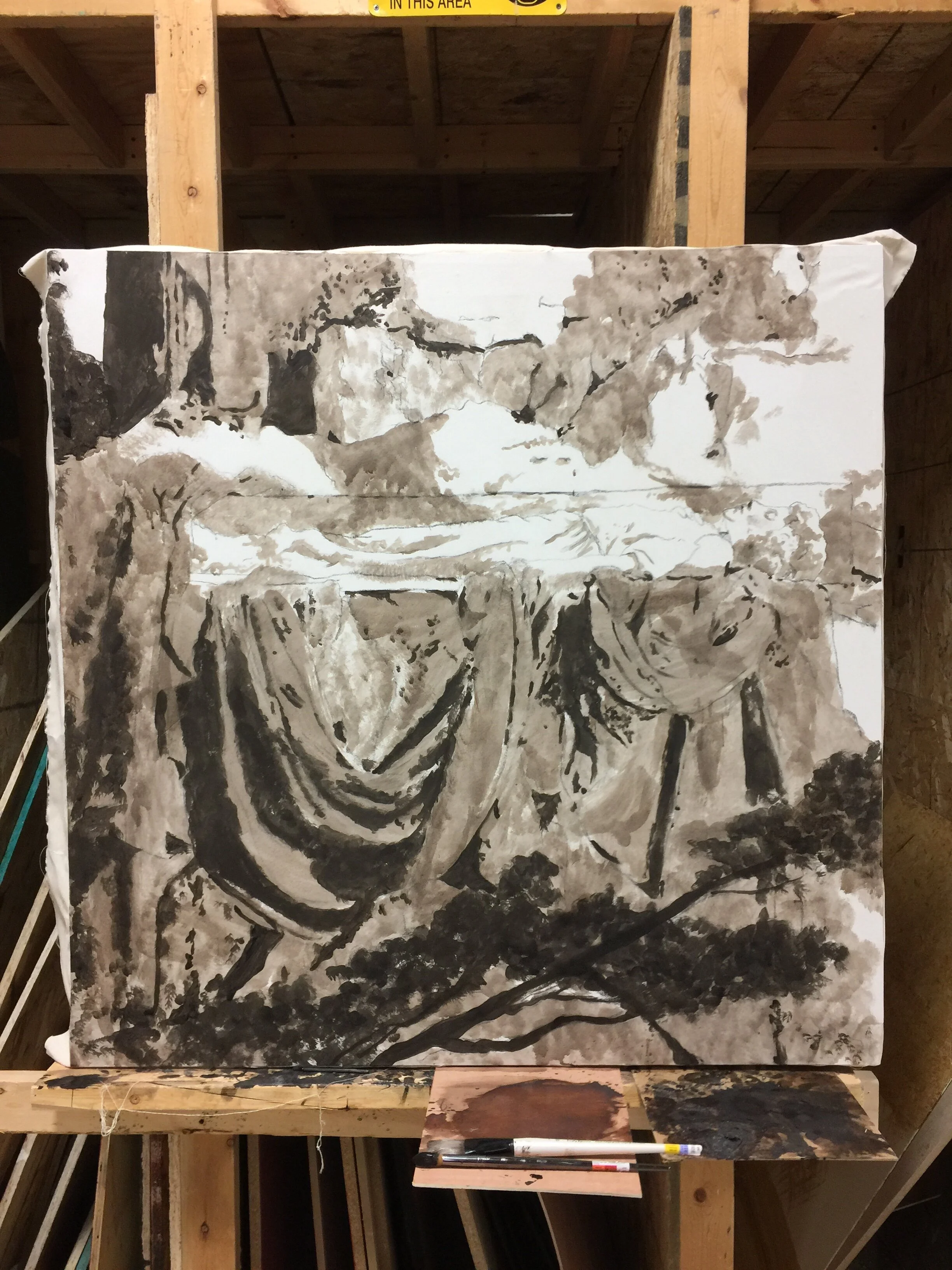 Drop work - underpainting (muslin was "sized" w/ water and cornstarch mixture, used Pythagorean Theorem to get perfect angles, pounced with charcoal from a large gridded sheet and lightly flogged beforehand)