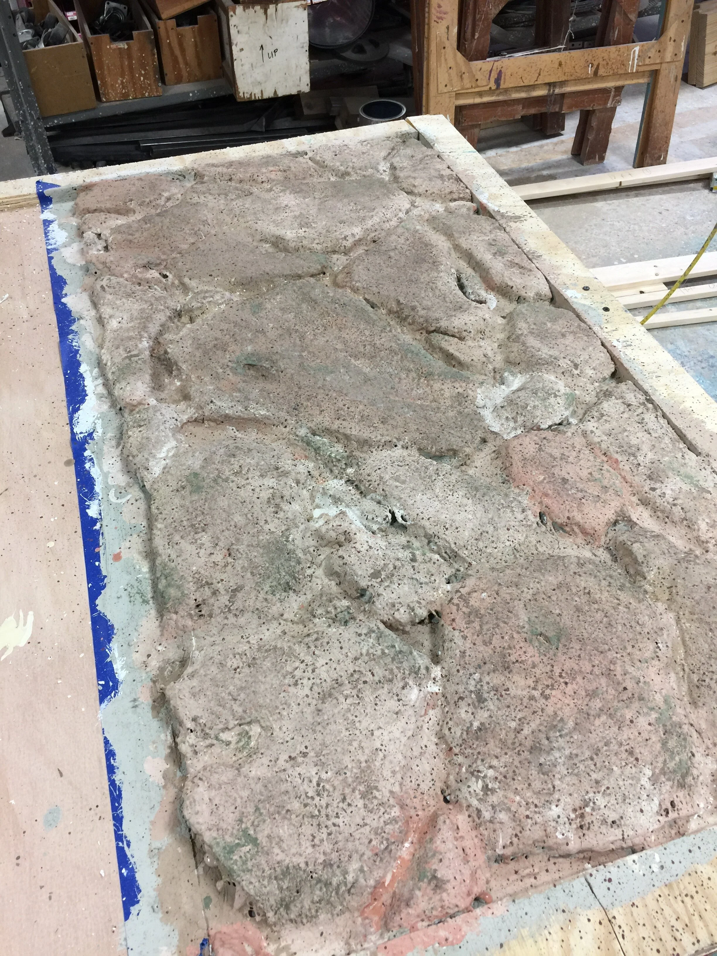 Stone sample process - (scenic doped, scumbled, sponged, spattered - next step is to glaze then add grout lines)