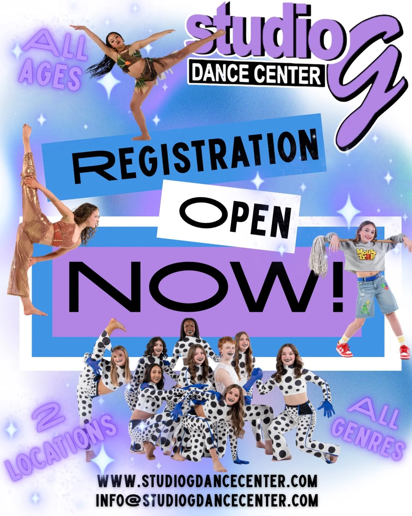 REGISTRATION IS OFFICIALLY OPEN! 🚨

It&rsquo;s time to find your place at Studio G Dance Center! 💜💙

Whether your dancer is stepping into the studio for the very first time, looking for a fun weekly activity, ready to take their training to the ne