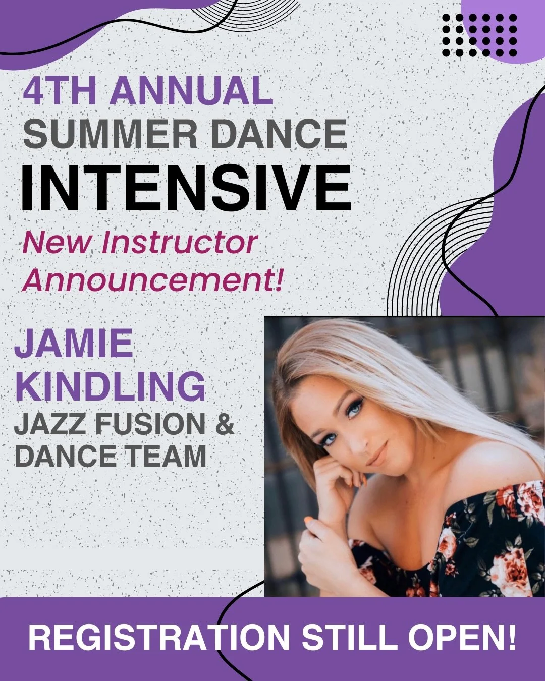 ✨ INTENSIVE FACULTY ANNOUNCEMENT ✨ 

We are SUPER excited to bring in one of SGDC&rsquo;s own Jamie Kindling for our intensive!! She specializes in contemporary &amp; jazz fusion and has choreographed for D1 NCAA dance teams. Check out her bio 👉🏼


