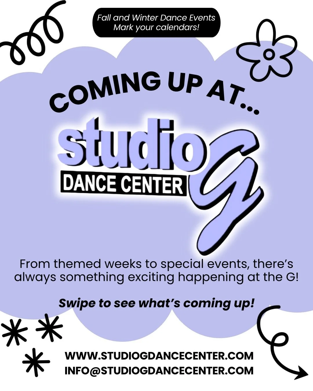 COMING UP AT THE G!📆💜✨

Our fall and winter calendar is filling up with FUN! From themed dance weeks and Halloween festivities to holiday performances and special events, there&rsquo;s so much to look forward to at Studio G! 🖤💜

🎃 Bring a Friend